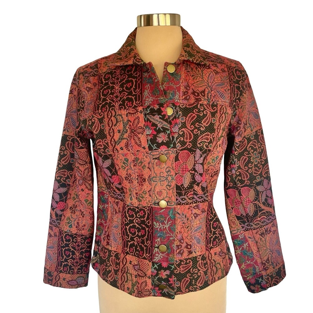 Stonebridge Burgundy Black Patchwork Tapestry Jacket Size PS Gothic Indie Grunge